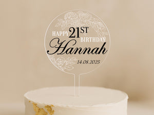 Personalised birthday cake topper with floral line art and name