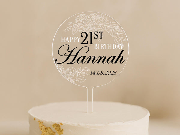 Personalised birthday cake topper with floral line art and name