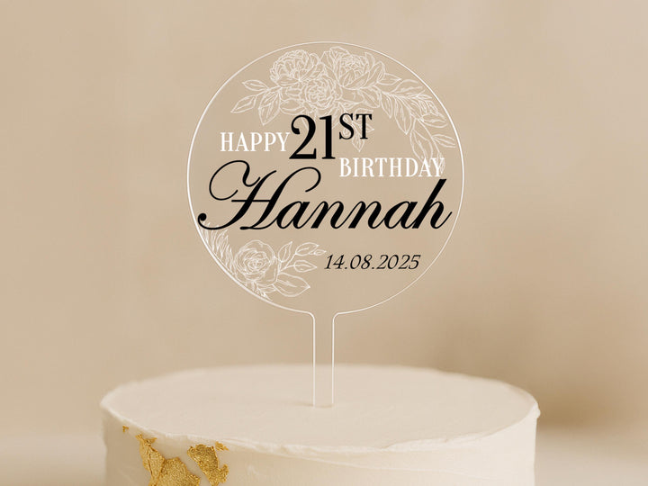 Personalised birthday cake topper with floral line art and name