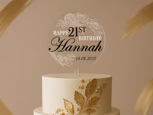 a white and gold cake with a happy 21st birthday sign on top