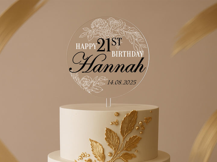 a white and gold cake with a happy 21st birthday sign on top