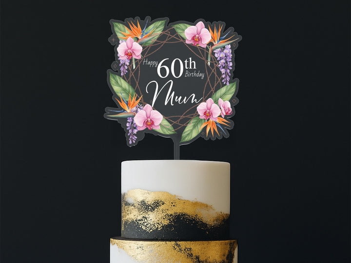A birthday cake with a floral wreath topper celebrating the 60th birthday of a mother.