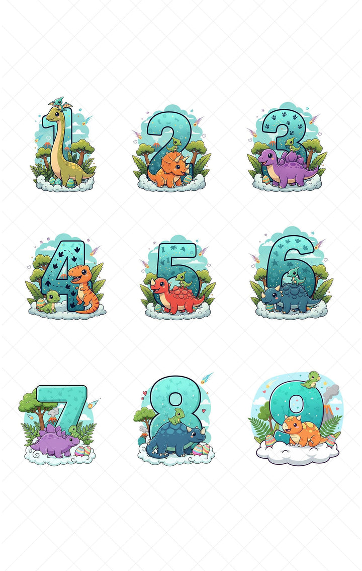 nine illustrations of numbers, each featuring a different dinosaur character. The illustrations depict various dinosaur species, such as a yellow dinosaur, a red dinosaur, and a purple dinosaur, along with the numbers 1, 2, 3, 4, 5, 6, 7, 8, and 9. The illustrations are arranged in a grid format, showcasing the different combinations of dinosaur characters and numbers.