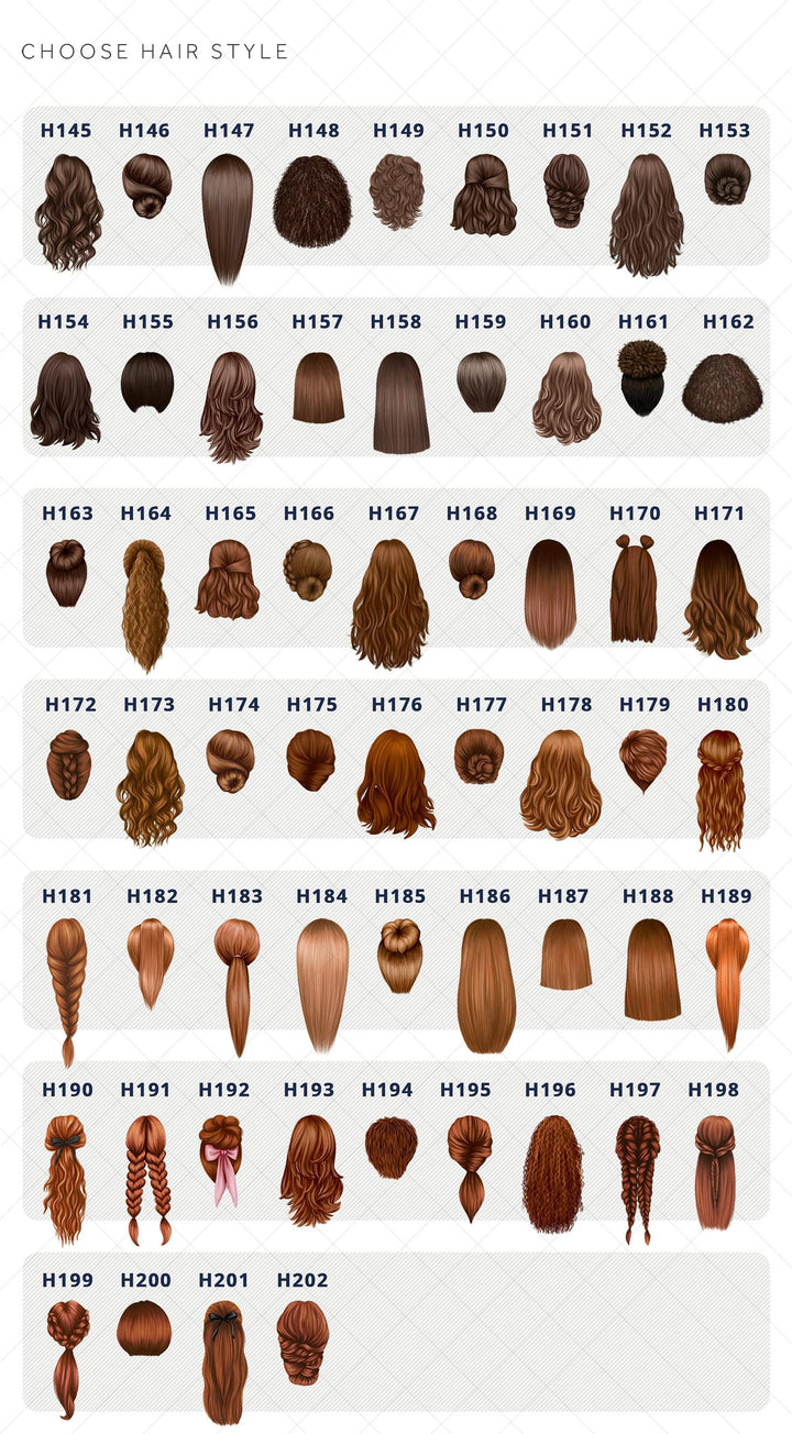 a collection of various hairstyles, each with a unique design and style, presented in a grid format.