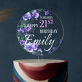 Round 21st birthday cake topper with purple flowers and name