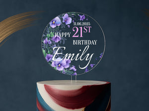 Round 21st birthday cake topper with purple flowers and name