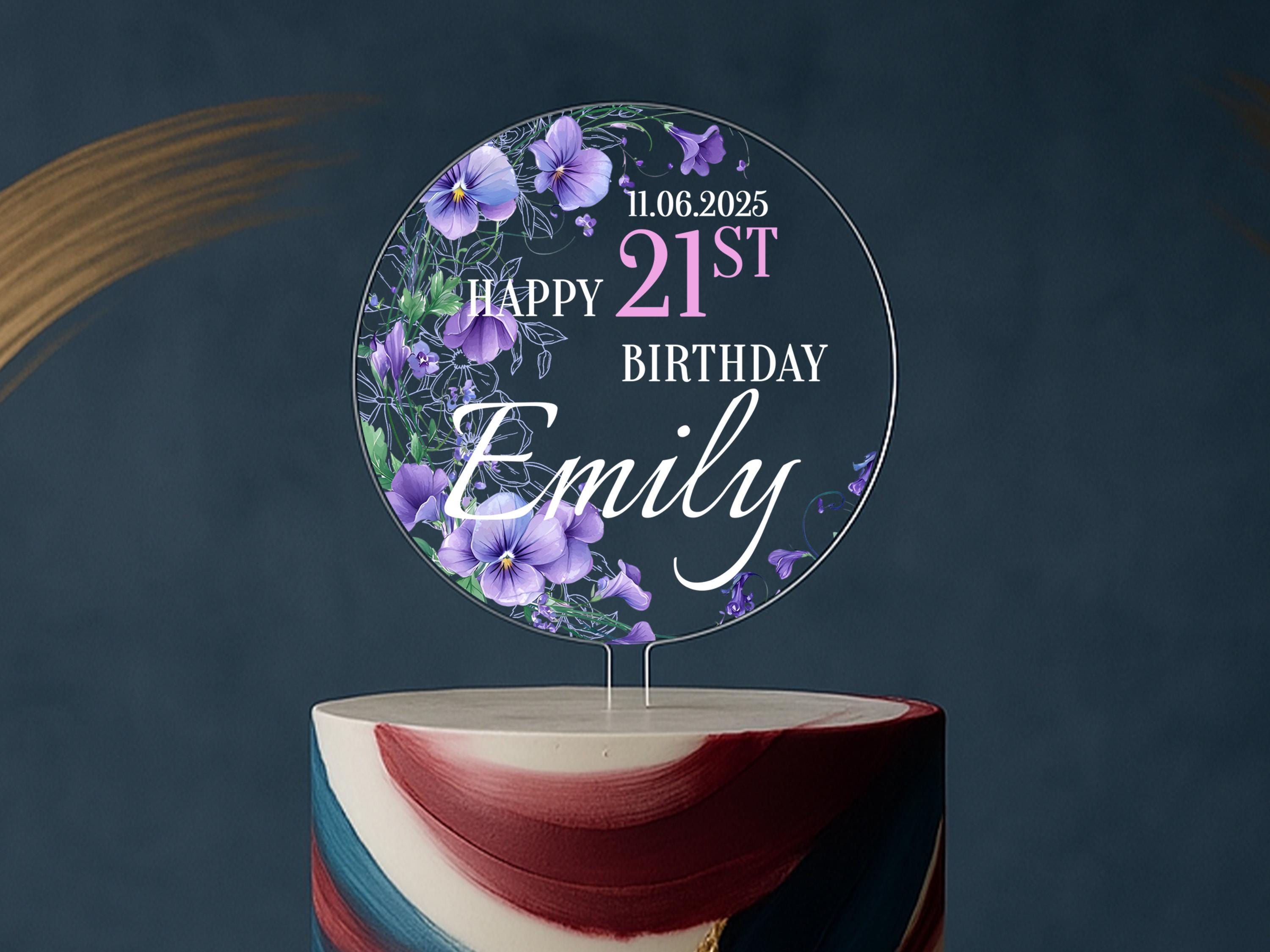 Round 21st birthday cake topper with purple flowers and name