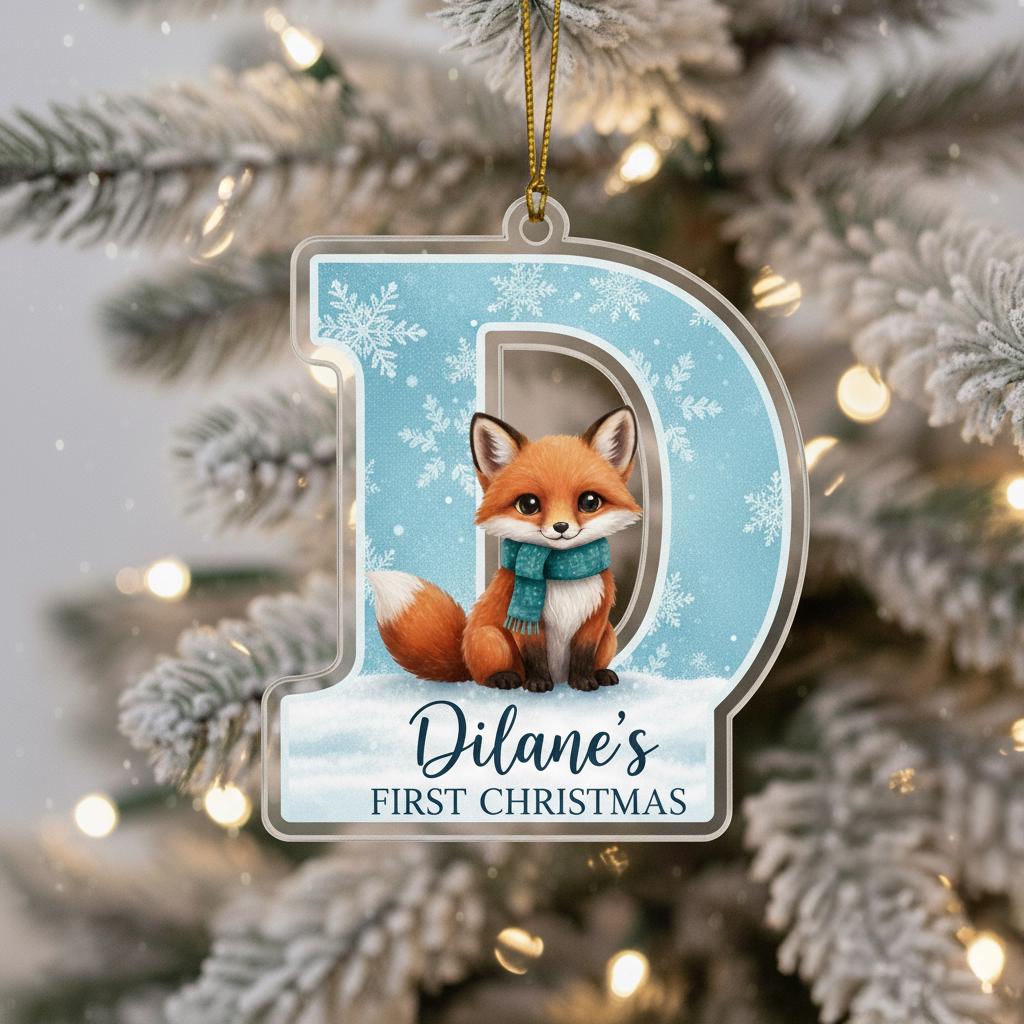 A clear ornament shaped like the letter "D" with a cartoon image of a fox wearing a scarf, hanging on a Christmas tree.