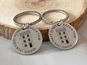 Personalised first home keyring engraved with names and house design