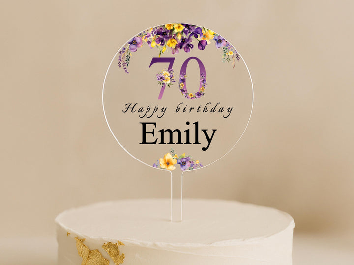 Purple and Yellow Floral Cake Topper – Custom 70th Birthday Design