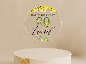 Yellow Floral Personalised Cake Topper – Custom 80th Birthday Design