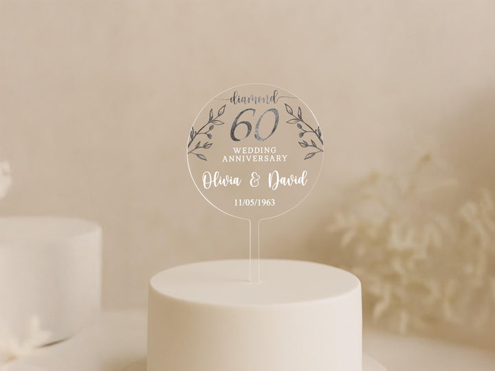 Personalized diamond anniversary topper clear acrylic with silver florals