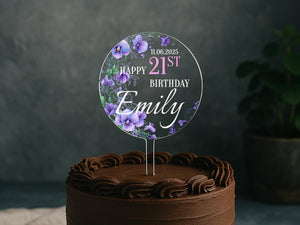a chocolate cake with a happy 21st birthday cake topper