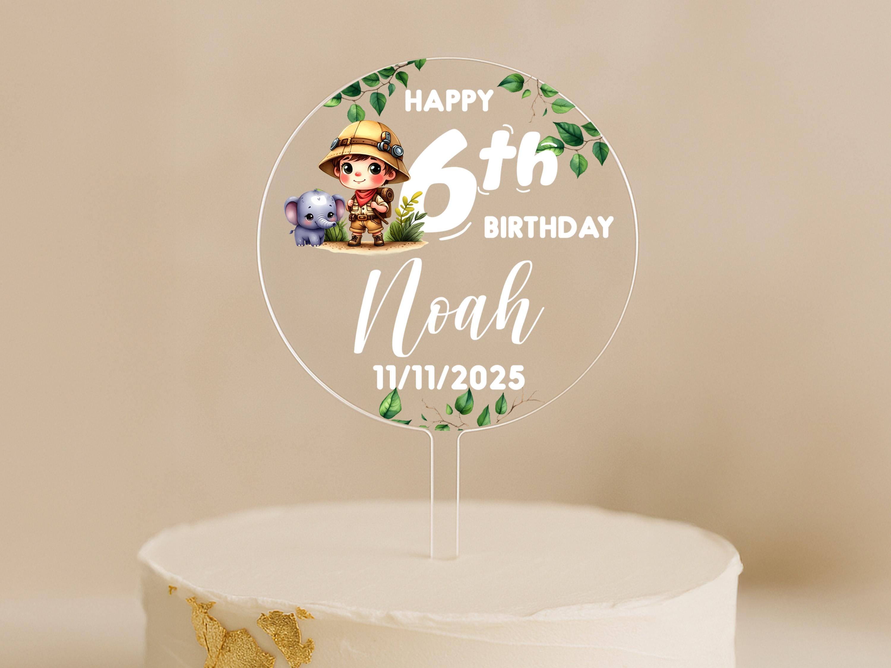 Personalised explorer birthday cake topper with name Noah and elephant, custom age, not edible acrylic decoration