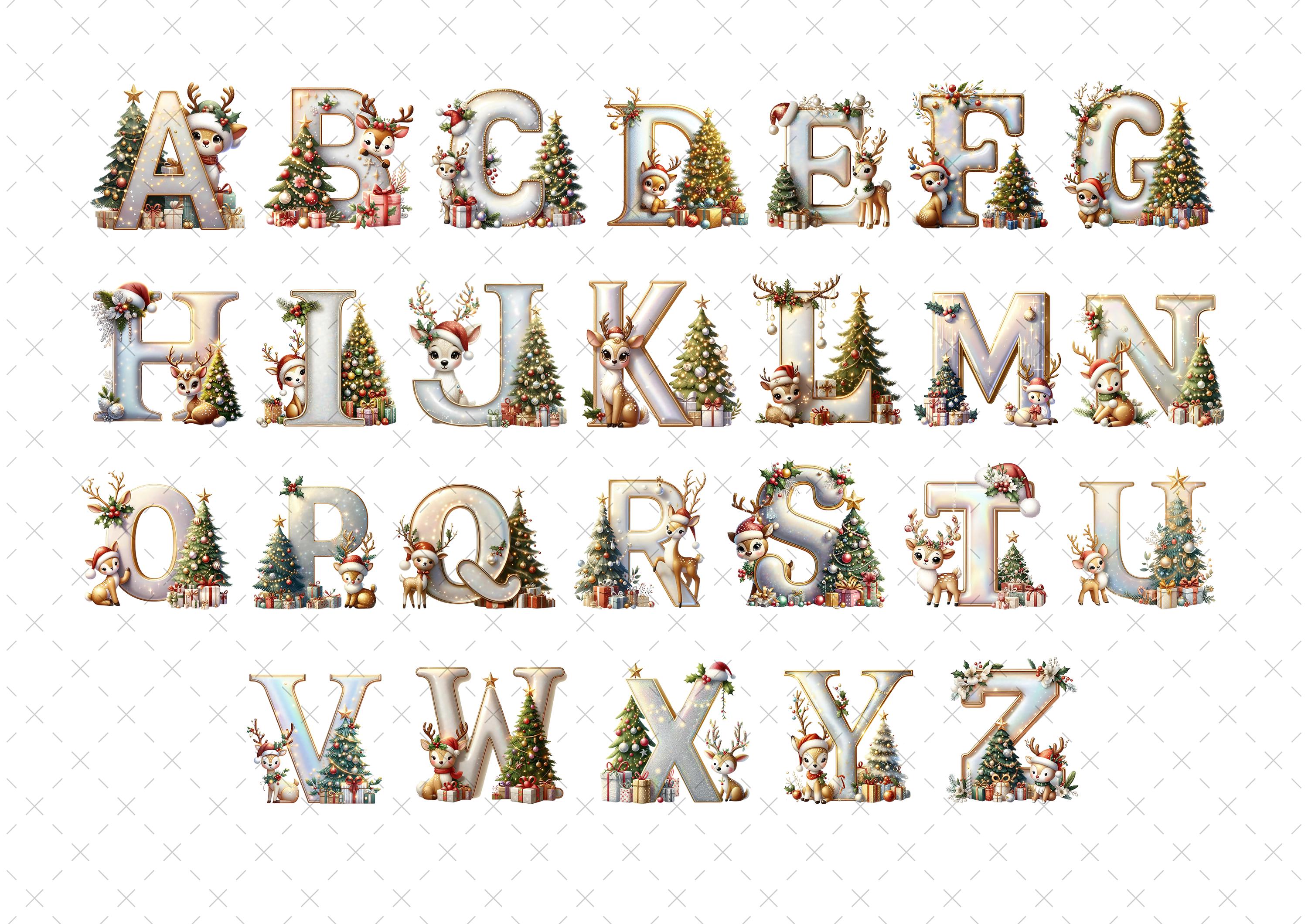 a collection of Christmas-themed letters, each adorned with various holiday decorations such as trees, presents, and reindeer. The letters are arranged in a grid format, creating a festive and seasonal display.