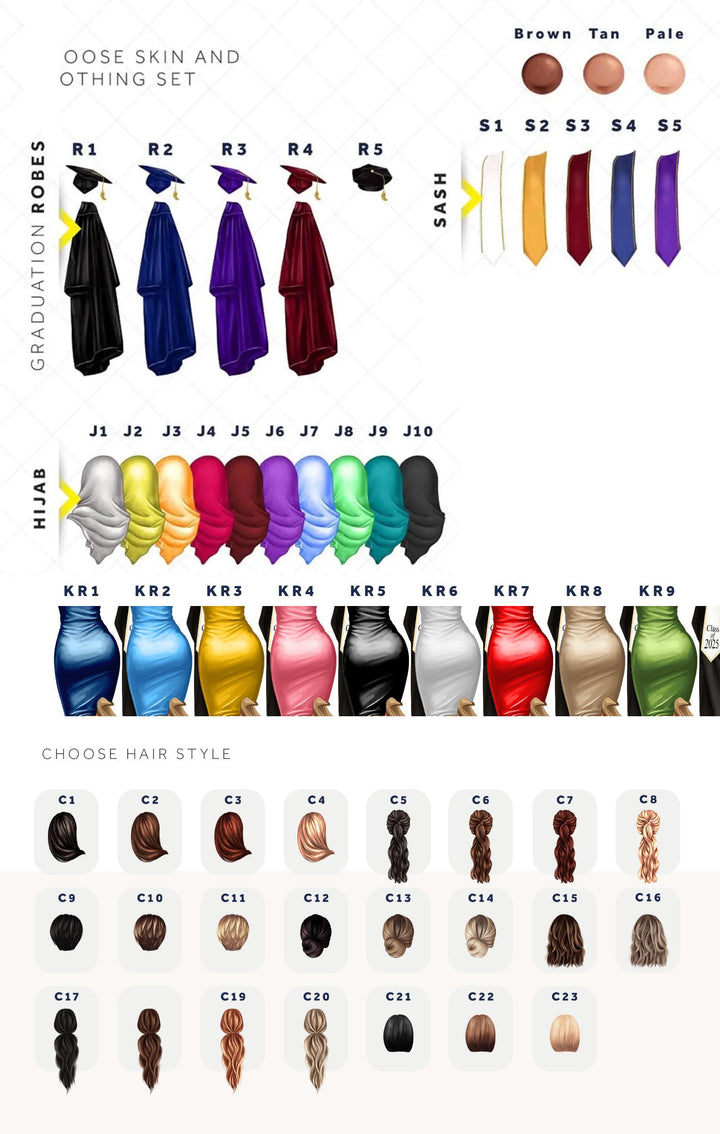 The image is a collage of various graduation-related items, including caps, gowns, ties, and hair styles, arranged in a visually appealing manner.