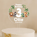 Personalised jungle animal cake topper featuring lion, zebra, crocodile, and giraffe with child's name and age.