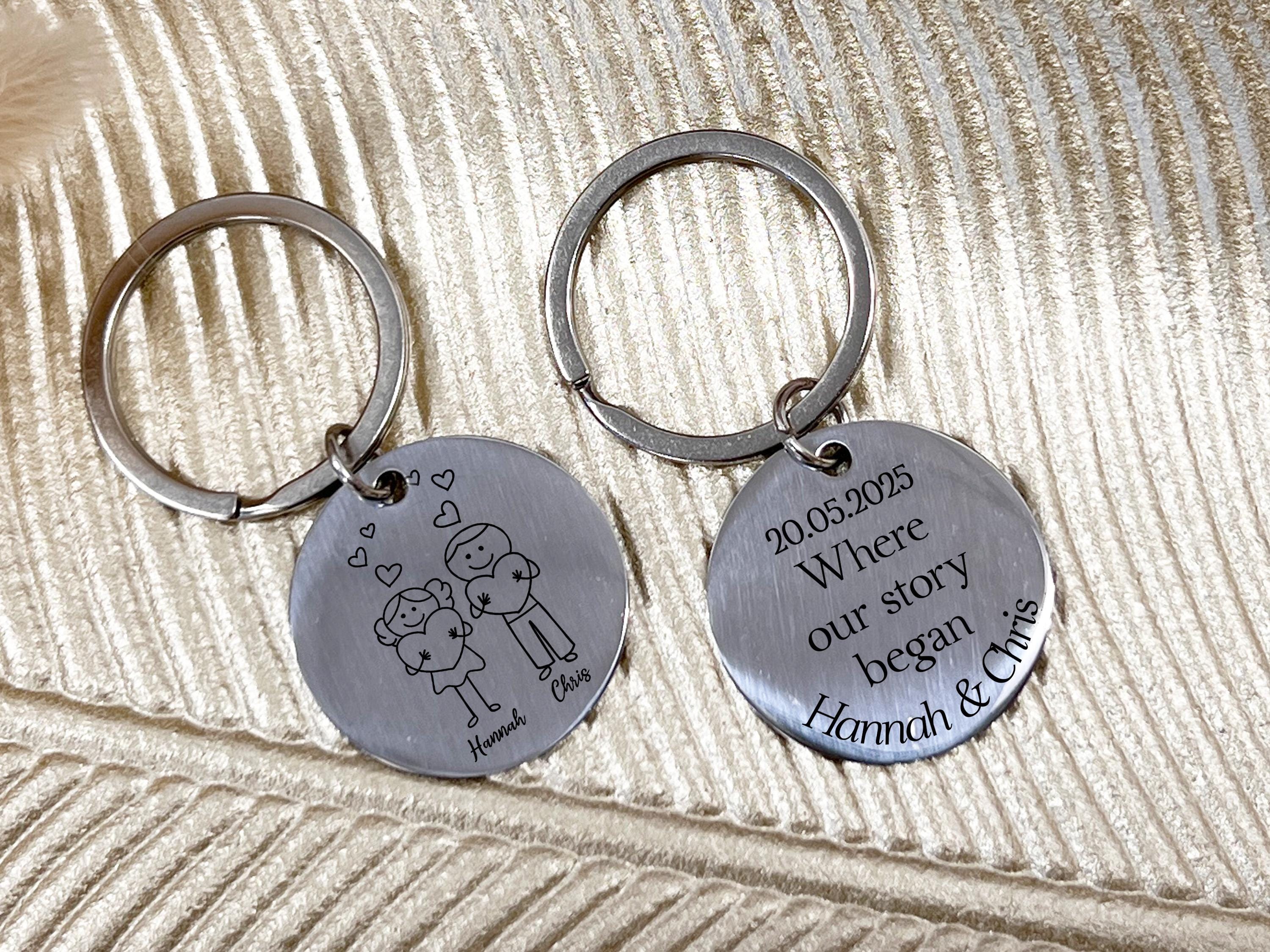 two metal key chains with a picture of a man and a woman on them