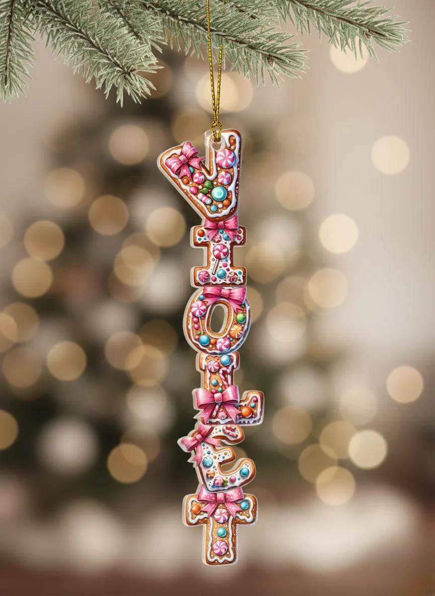 A gingerbread ornament with the word "YOLT" made of gingerbread cookies, decorated with colorful candies and bows.