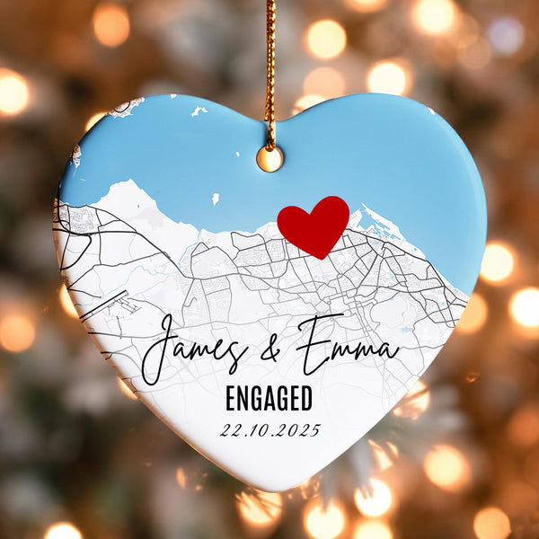 Personalised Engagement Map Ornament – Heart Ceramic Keepsake with Names & Date, Custom Location Gift for Couples, First Christmas Engaged