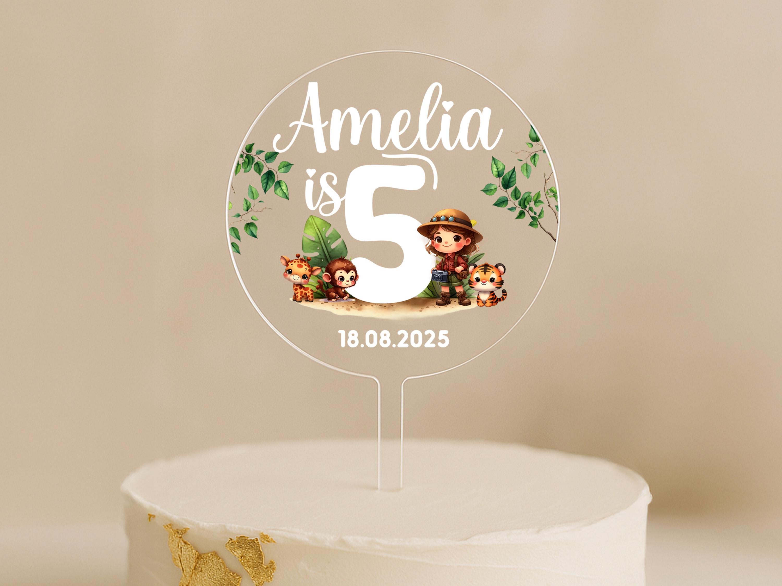 Personalised safari birthday cake topper with explorer and animals