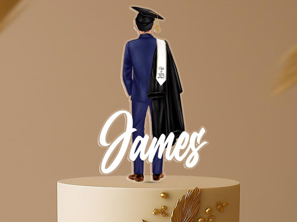 Graduation Cake Topper – Personalized Male Graduate Keepsake in Acrylic | Custom Suit and Cap Decoration