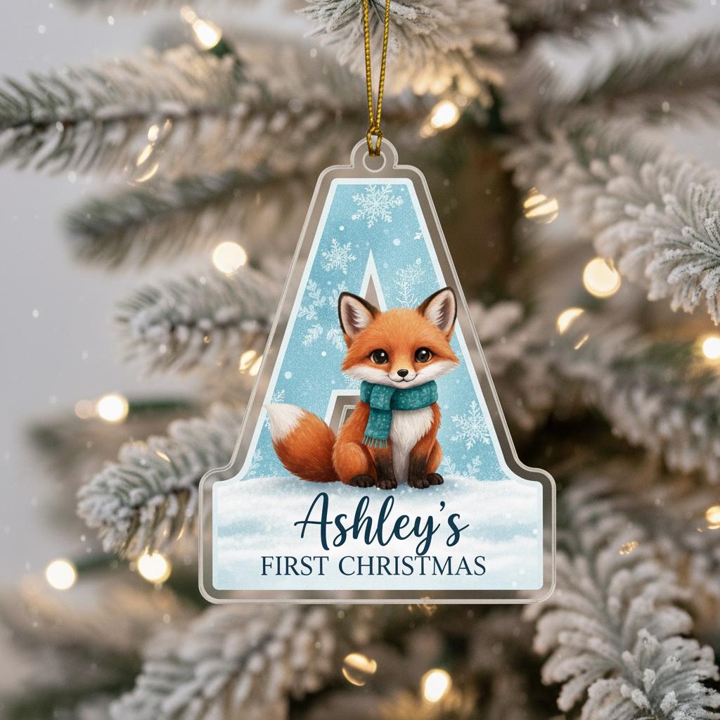 A clear ornament with a cartoon image of a fox and the text "Ashley's first Christmas" hanging on a Christmas tree.