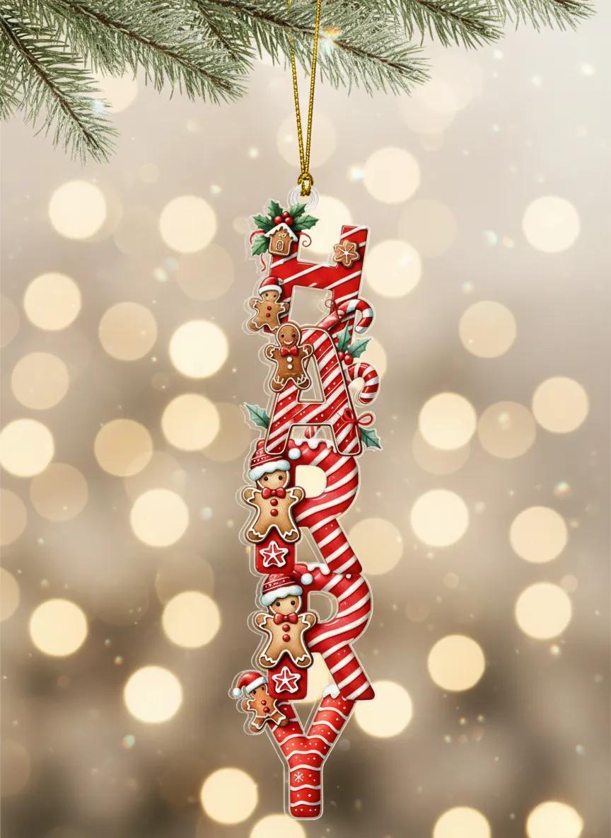 A decorative ornament made of candy canes and gingerbread men, hanging from a branch of a pine tree.
