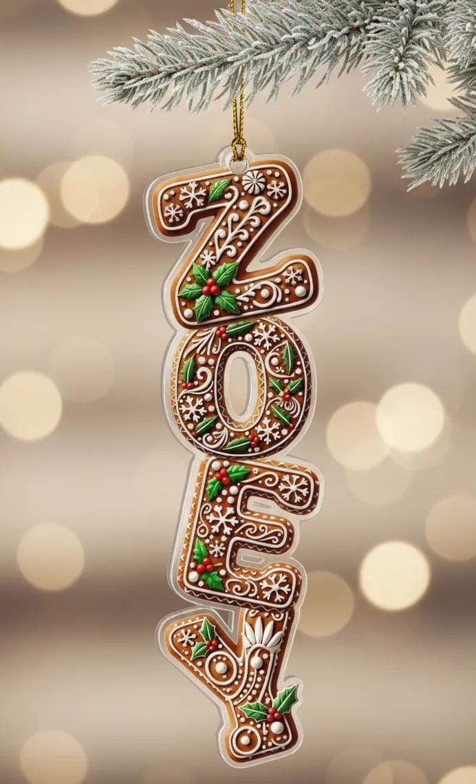 A gingerbread house ornament in the shape of the name "Zoey" is hanging from a branch of a Christmas tree.