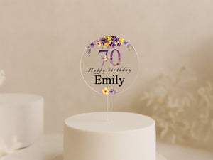 Happy Birthday Topper with Purple Flowers – Personalised Gift