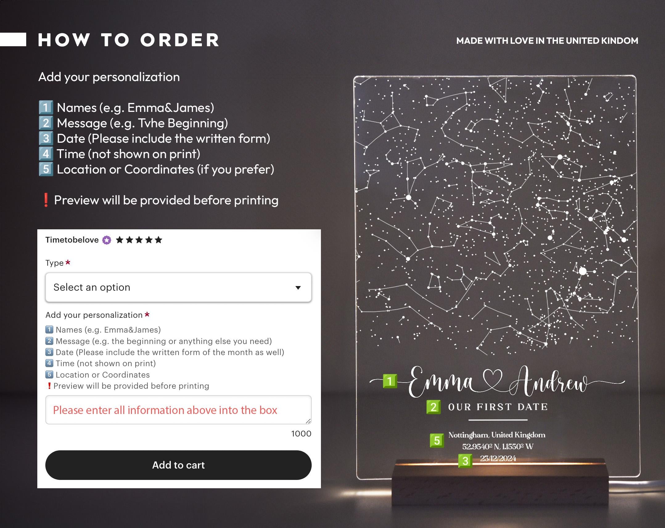 Personalized Star Map Night light- Custom Constellation Chart map LED lamp-Gift for him/her anniversary, couple, Birthday or engagement gift