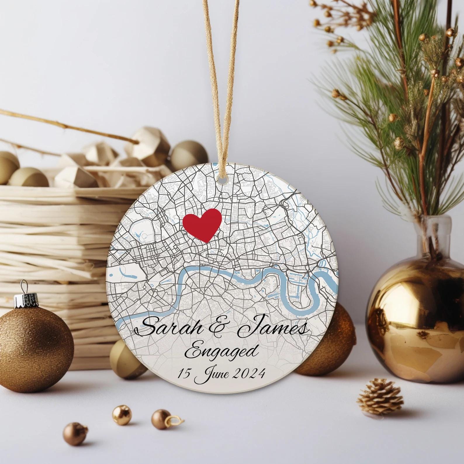 Personalized Engaged Location Ornament - Unique Gift for Newlyweds, Our First Christmas & Anniversary Keepsake for Him, Announcement Gift