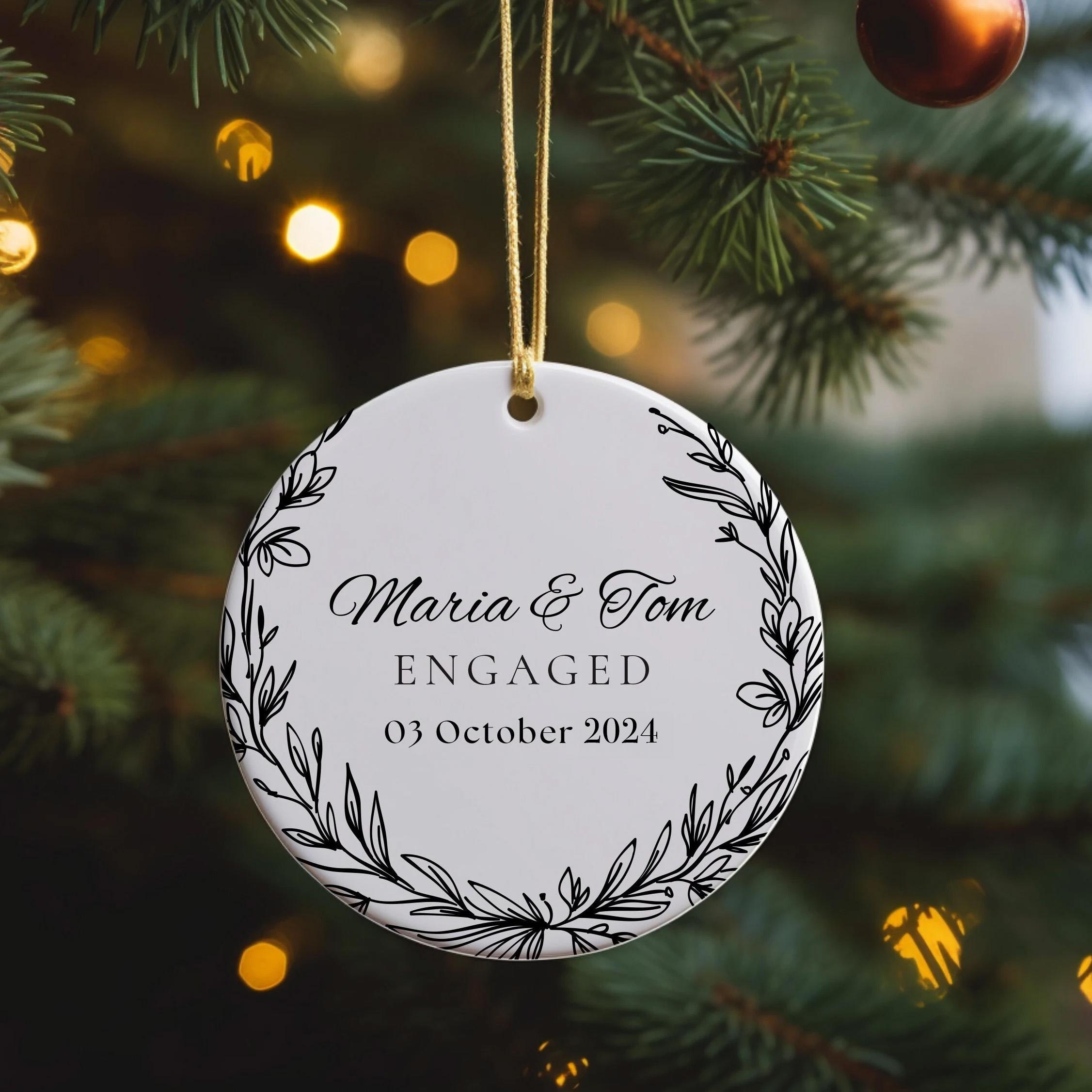 Engagement Gift, Personalized Ceramic Keepsake, Engaged Couple's Date Ornament, Perfect Gift for Newly Engaged, Our First 1st Christmas