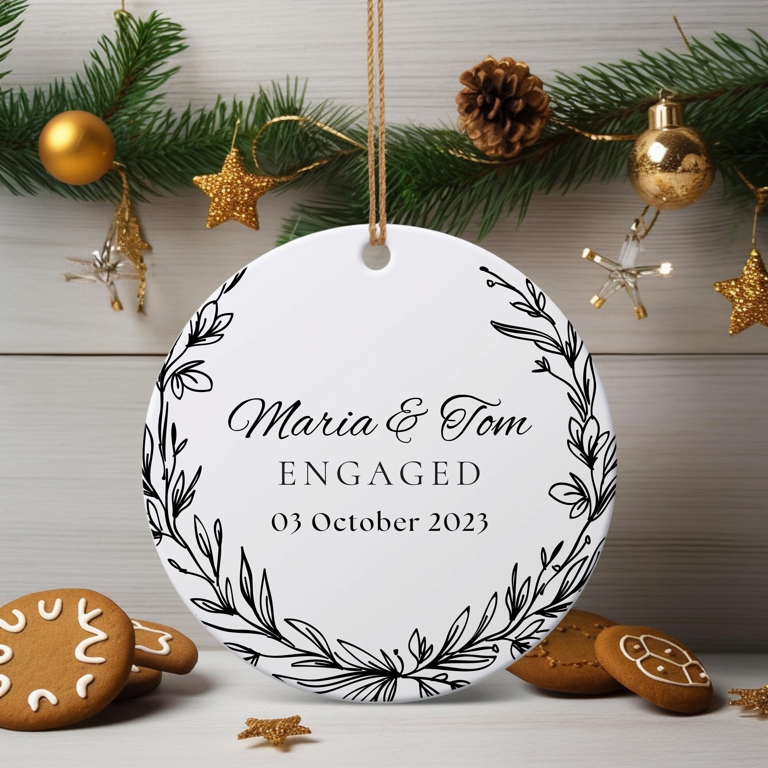 Engagement Gift, Personalized Ceramic Keepsake, Engaged Couple's Date Ornament, Perfect Gift for Newly Engaged, Our First 1st Christmas