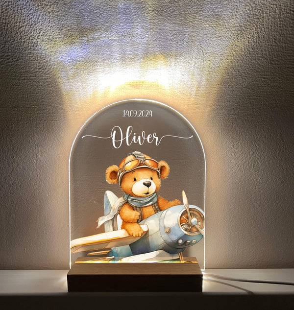 Aviator Bear Night Light for Kids – Custom Name & Date LED Nursery Lamp | Baby Shower Gift | Christmas Gift for Boys | Nursery Décor