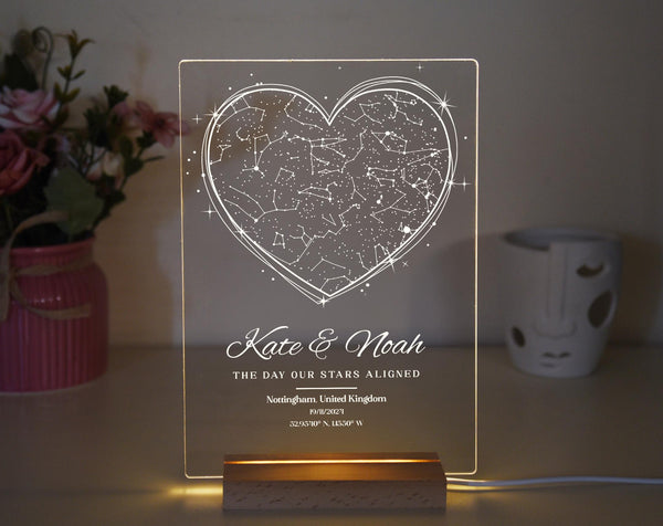 Personalized Heart Star Map Night Light | Custom Constellation Acrylic Plaque | Romantic Gift for Couples | Christmas, Anniversary | LED