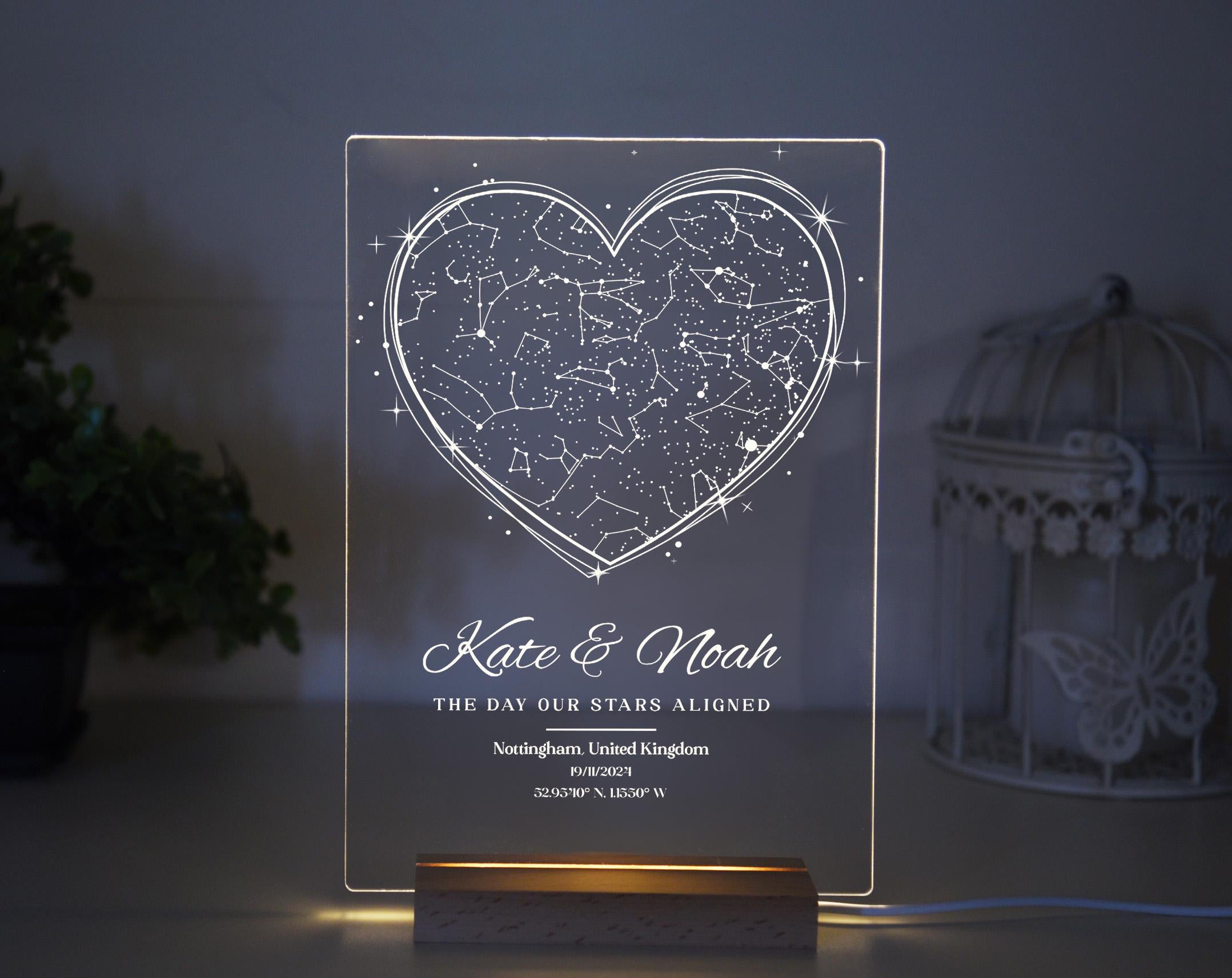 Personalized Heart Star Map Night Light | Custom Constellation Acrylic Plaque | Romantic Gift for Couples | Christmas, Anniversary | LED