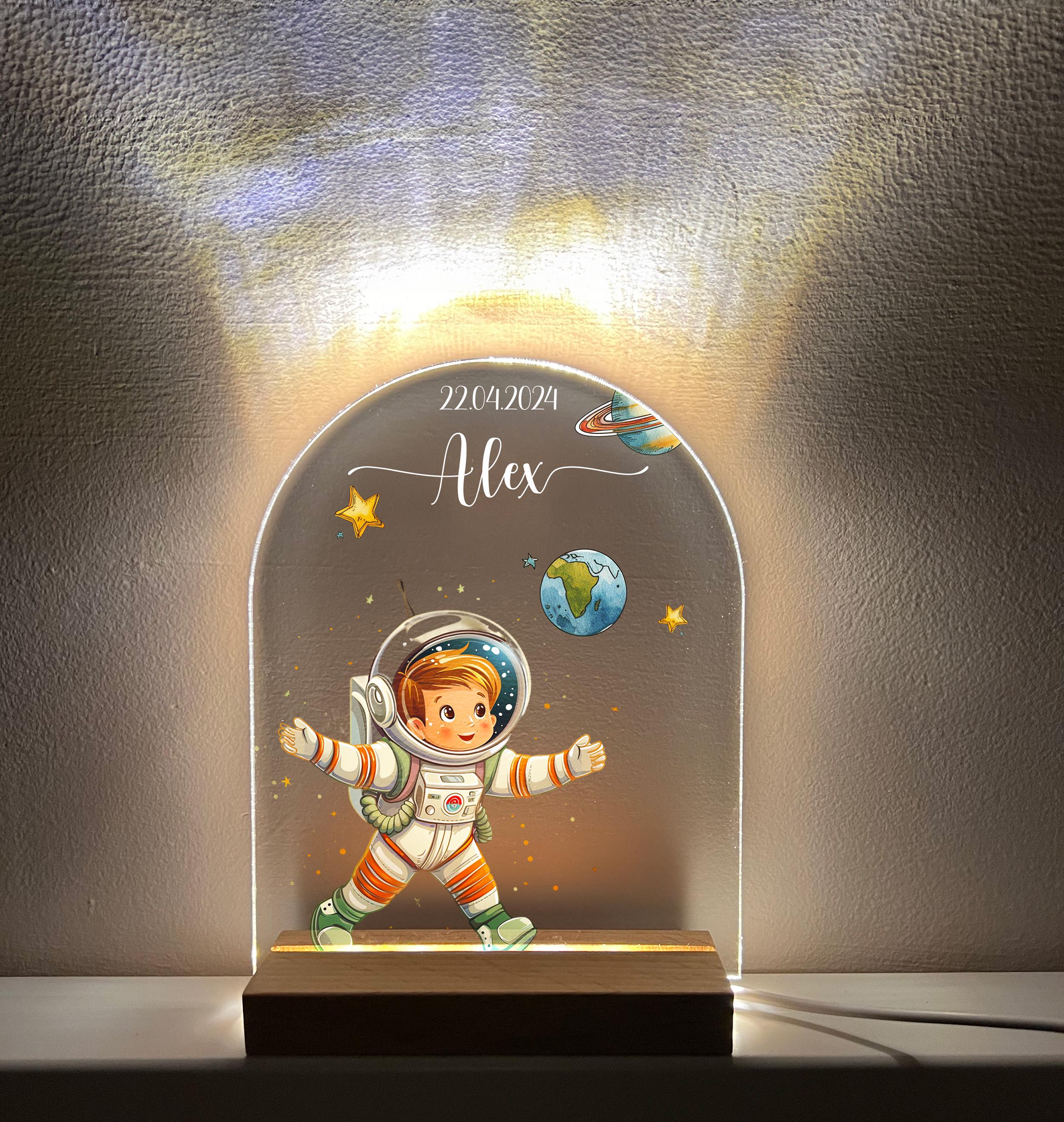 Baby Space Astronaut Night Light, Personalized Baby Birth Gift, Christening Plaque, Children's Room Decor, Bedside Nursery Lamp for Kids