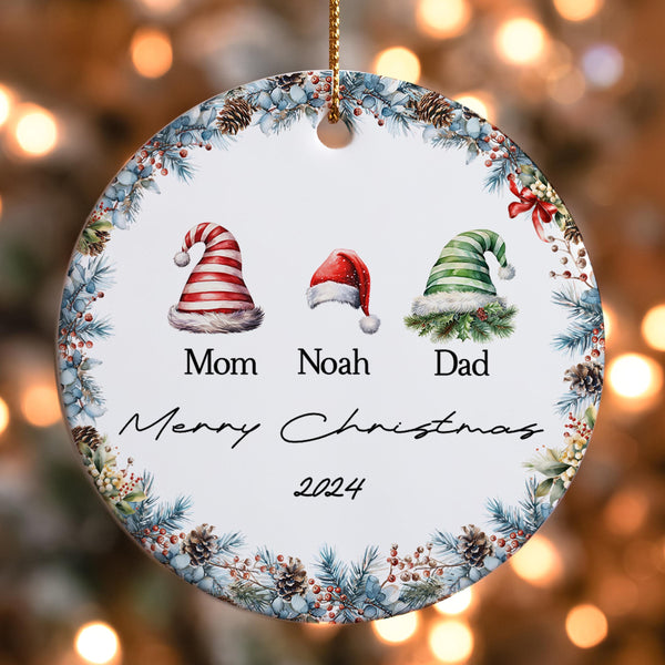 Custom Christmas 2024 Hat Family Ornament, Family Santa Hat Bauble, Our First Christmas as a Family, Santa Hat Ornament, Holiday Decor