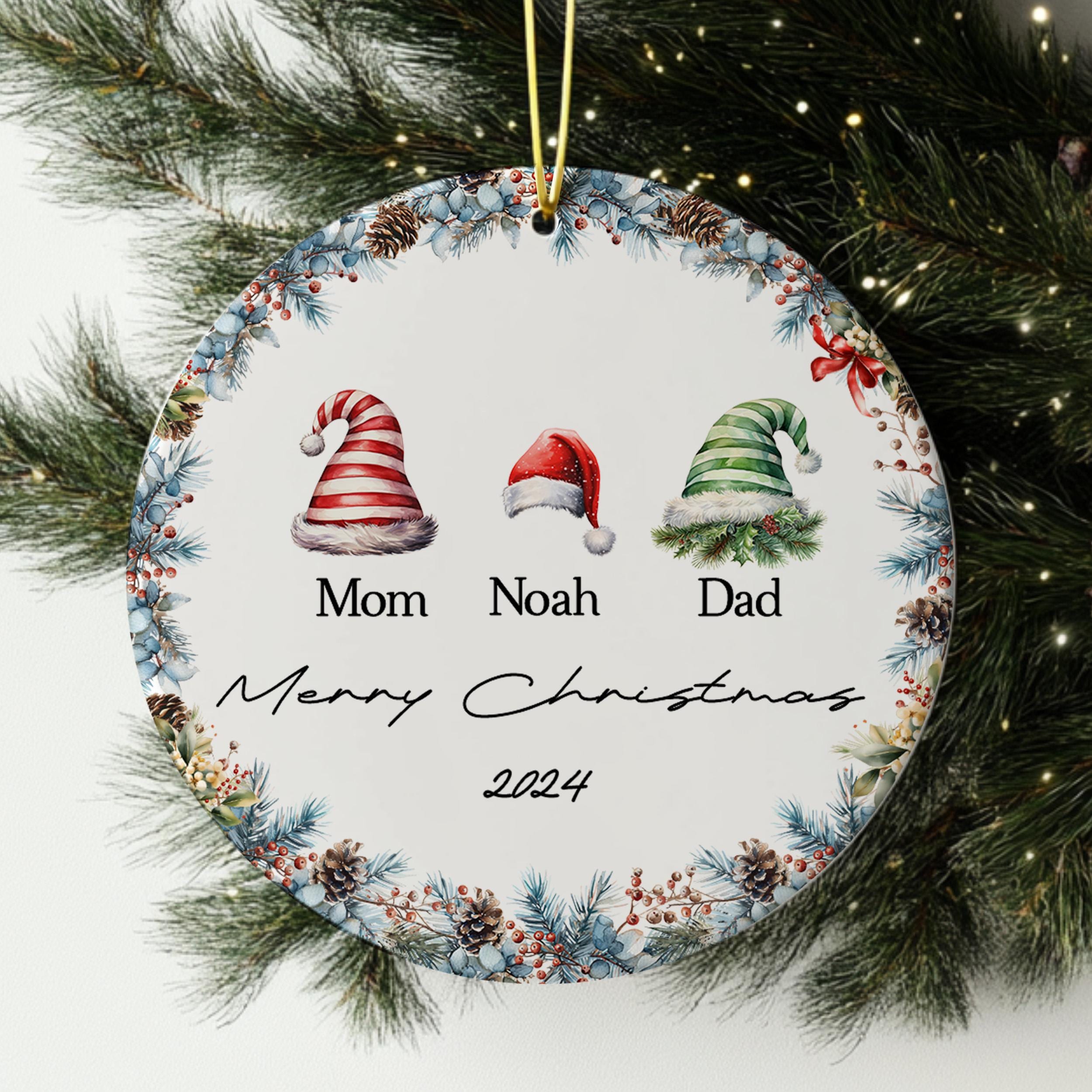 Custom Christmas 2024 Hat Family Ornament, Family Santa Hat Bauble, Our First Christmas as a Family, Santa Hat Ornament, Holiday Decor