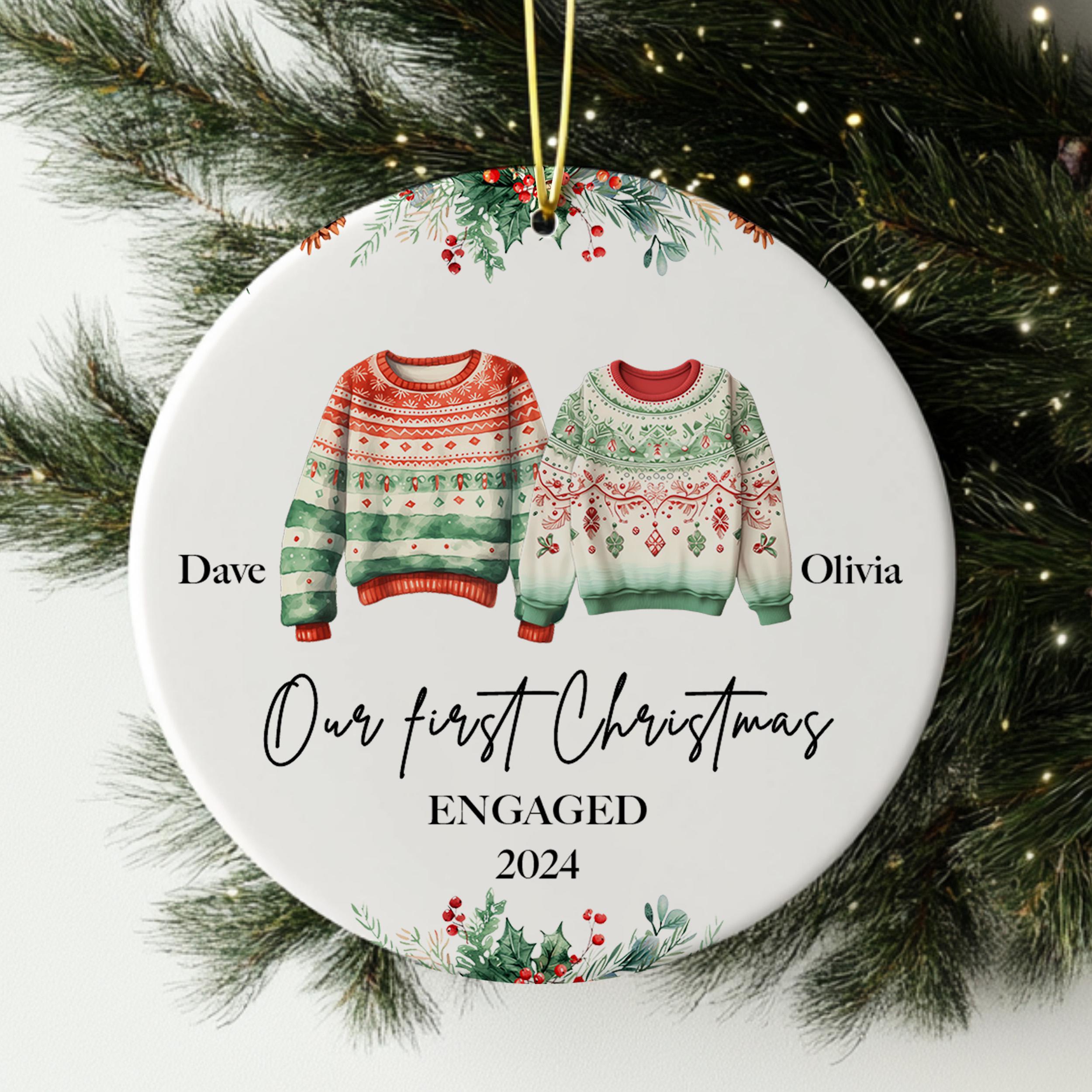 Custom Tree Ornament, Mr and Mrs Christmas Sweater Ornament, Ceramic Bauble, Our First Married Ornament, Newlywed Christmas Wedding Decor