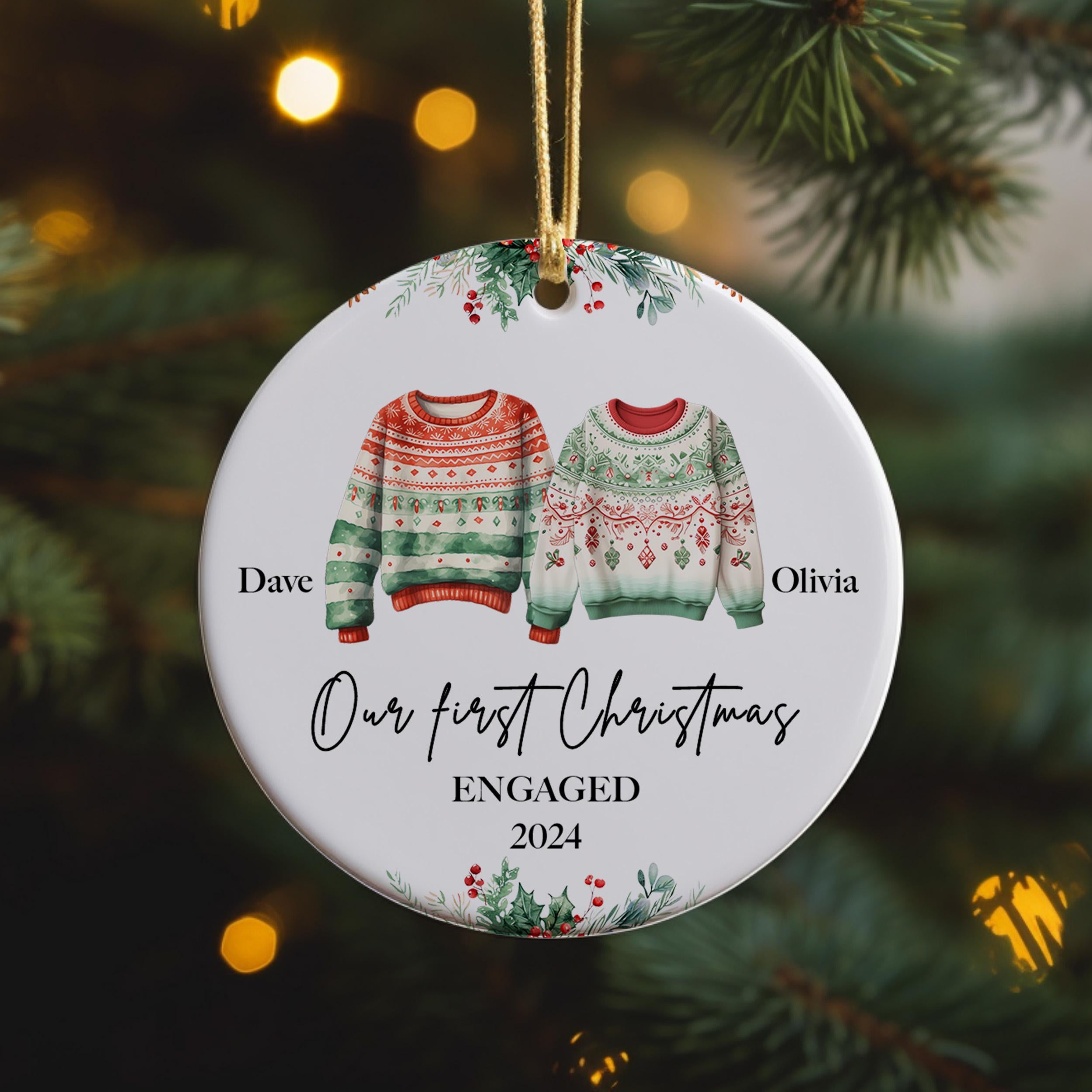 Custom Tree Ornament, Mr and Mrs Christmas Sweater Ornament, Ceramic Bauble, Our First Married Ornament, Newlywed Christmas Wedding Decor