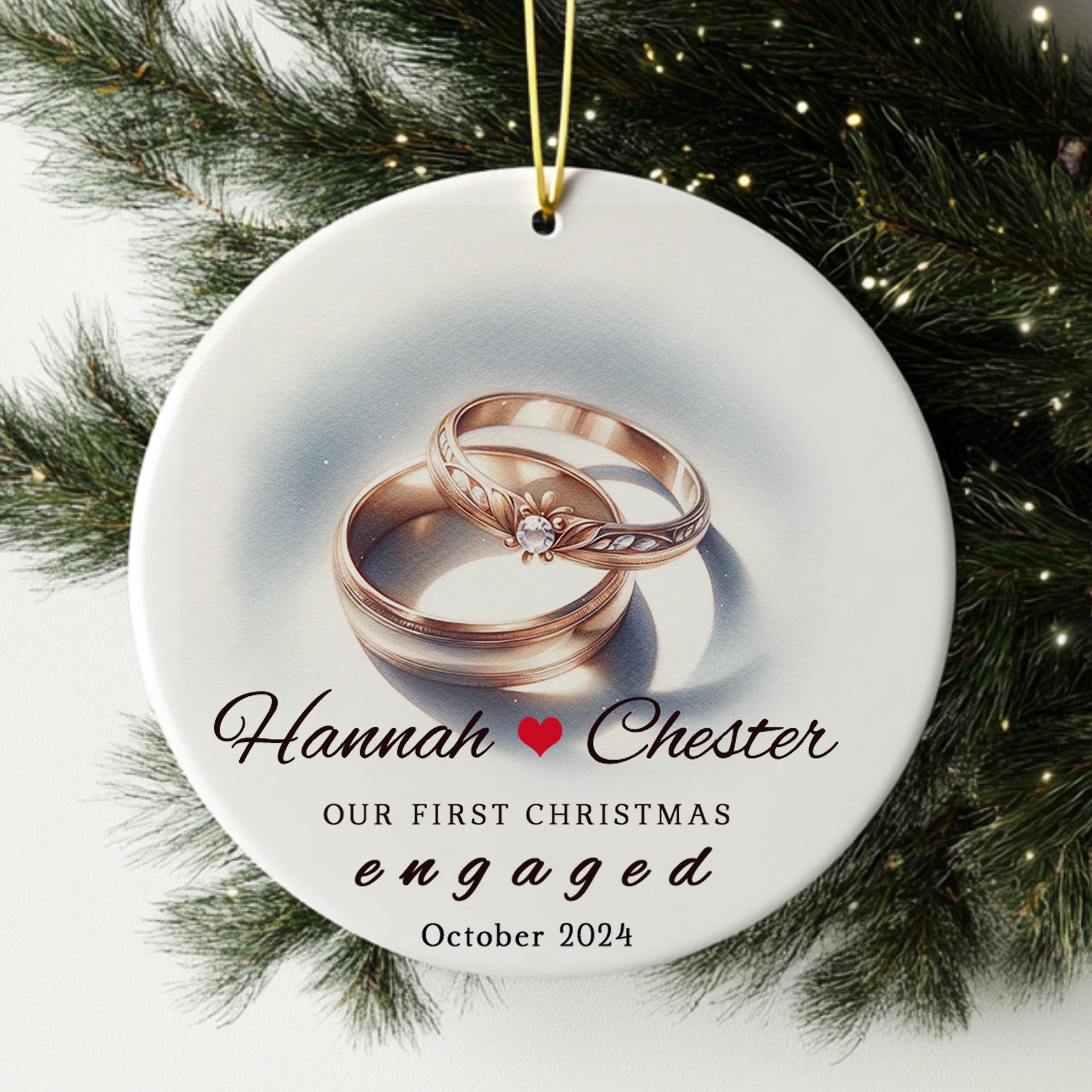 Engaged Ornament with Rings, Personalized Engagement Ornament, Custom Engagement Gift for Couples Announcement gift, Wedding Christmas Gift
