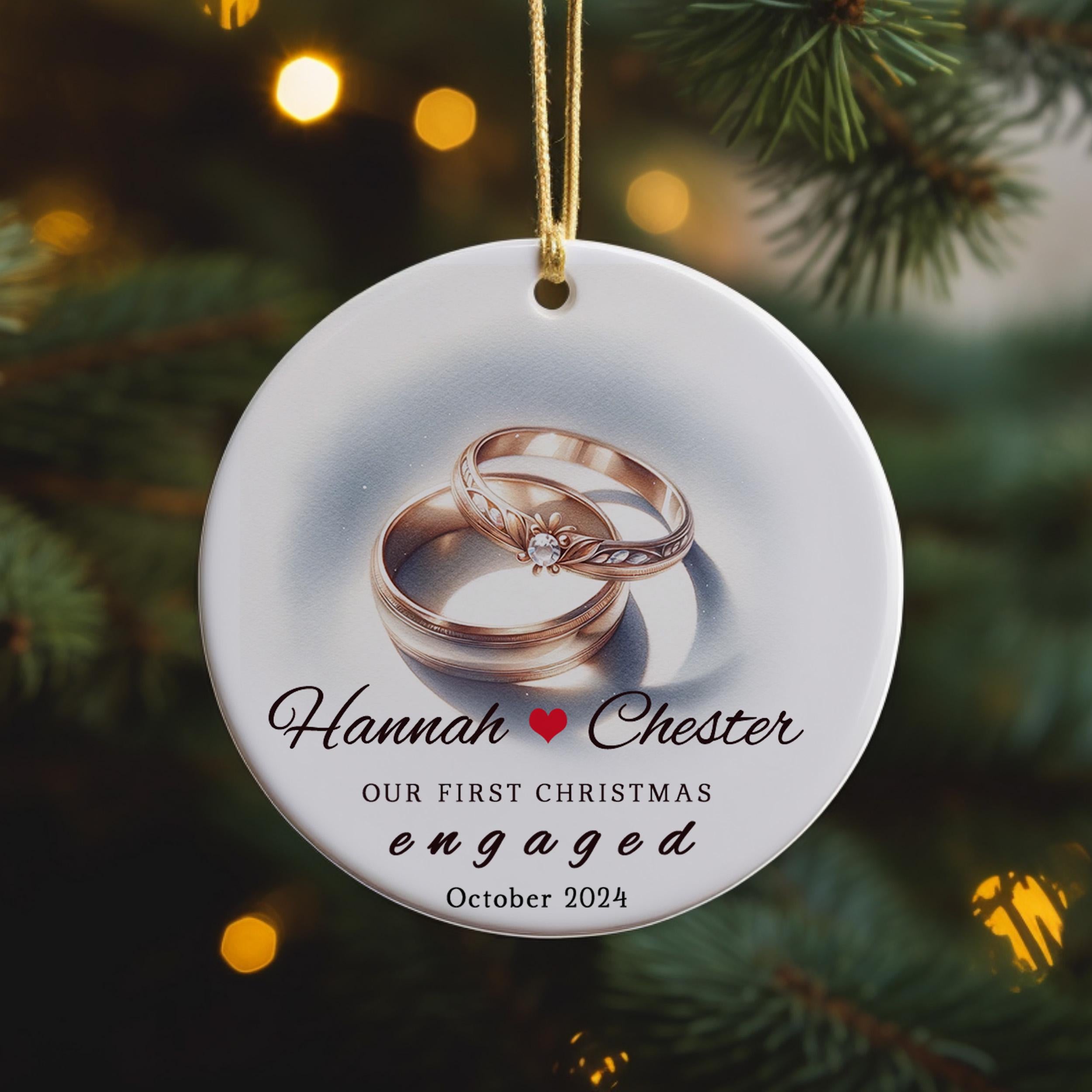 Engaged Ornament with Rings, Personalized Engagement Ornament, Custom Engagement Gift for Couples Announcement gift, Wedding Christmas Gift