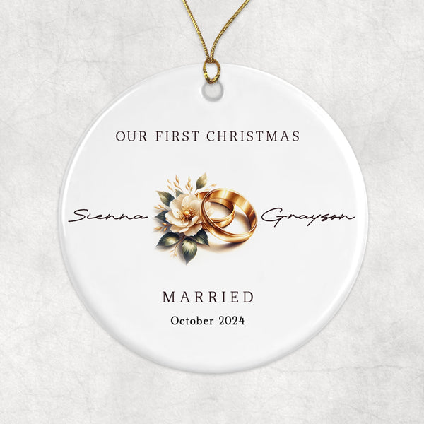 Our First Christmas Married Ornament with Wedding Rings, Personalized Mr and Mrs Ornament, First Christmas as Married Couple Newlywed Gift