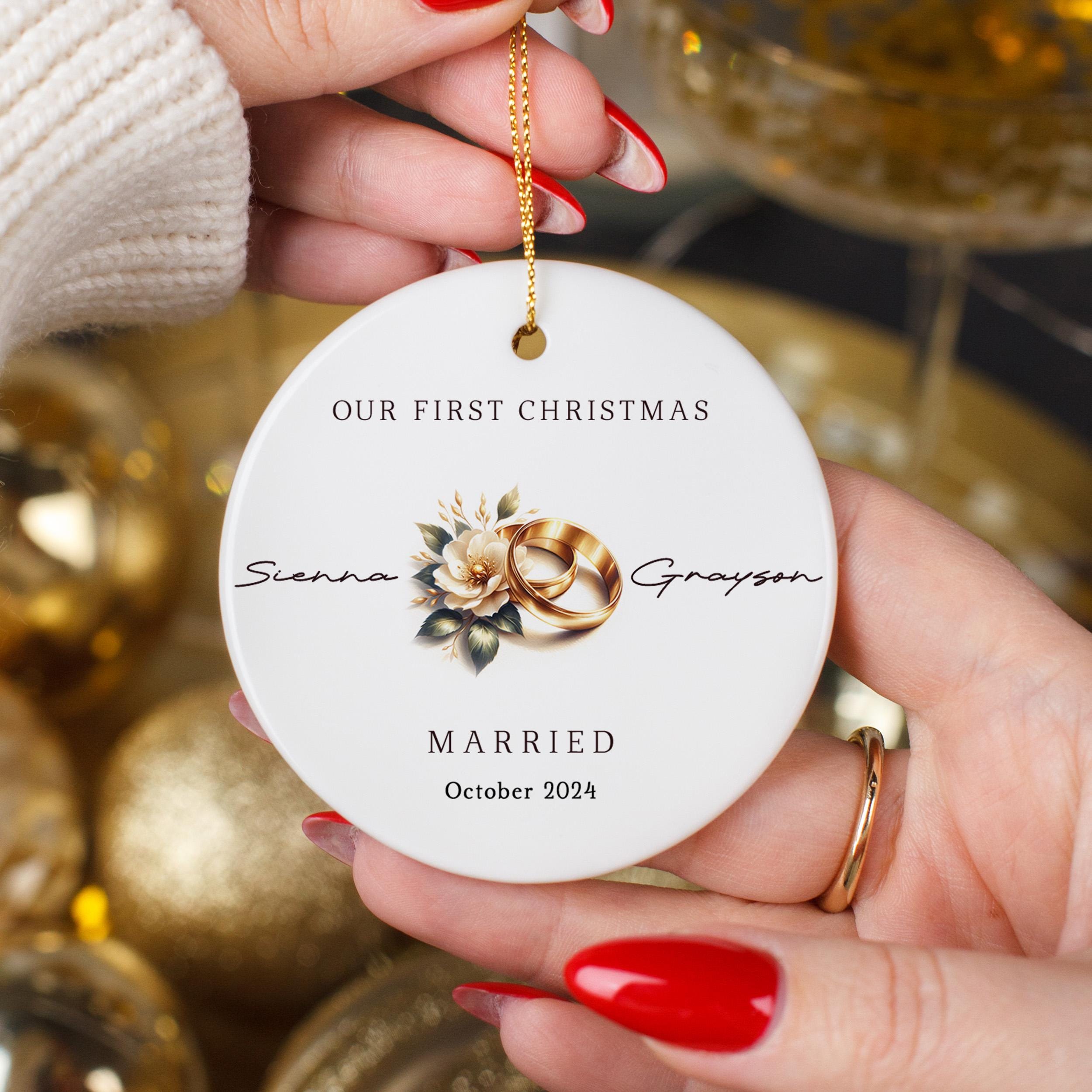 Our First Christmas Married Ornament with Wedding Rings, Personalized Mr and Mrs Ornament, First Christmas as Married Couple Newlywed Gift