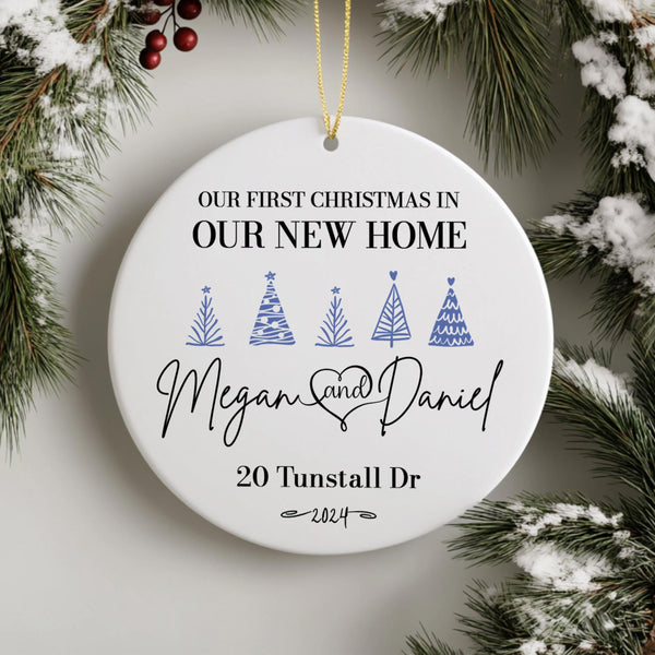 Personalized First Christmas in New Home Ornament, Custom Ceramic Keepsake for Family with Address & Names, New Homeowner House-warming Gift