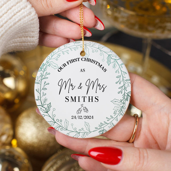 Personalized First Christmas as Mr + Mrs Ornament, 1st Christmas Married Bauble, Christmas 2024 Gift for Couples, Mr & Mrs Keepsake Ornament