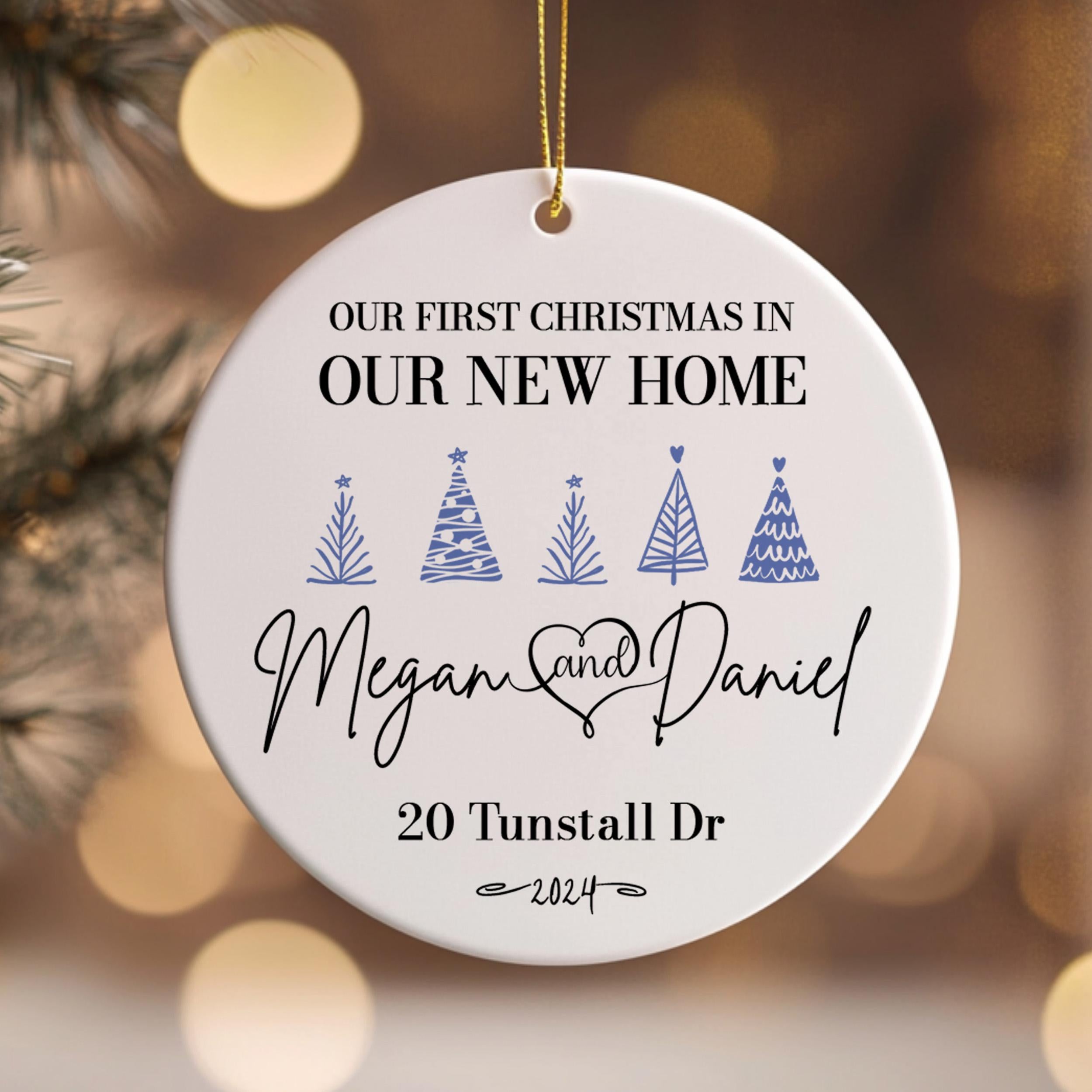 Personalized First Christmas in New Home Ornament, Custom Ceramic Keepsake for Family with Address & Names, New Homeowner House-warming Gift