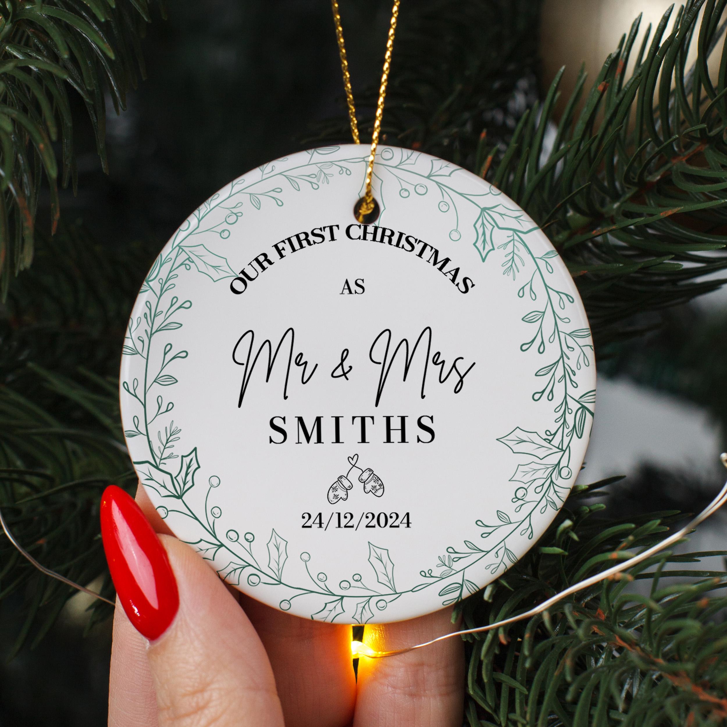 Personalized First Christmas as Mr + Mrs Ornament, 1st Christmas Married Bauble, Christmas 2024 Gift for Couples, Mr & Mrs Keepsake Ornament